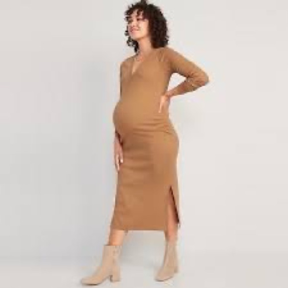 Maternity rib-knit, Henley midi dress